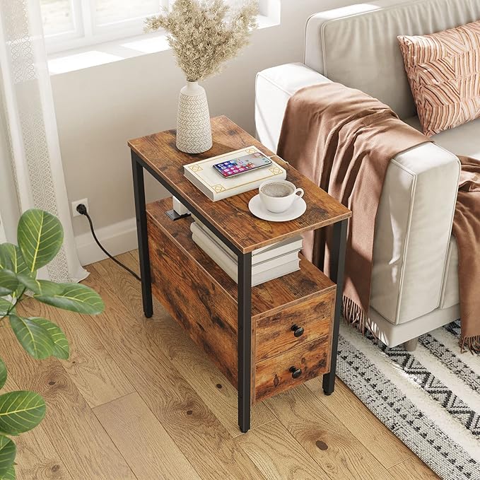 HOOBRO End Table with Charging Station, Narrow Side Table with 2 Drawer & Power - Image 2