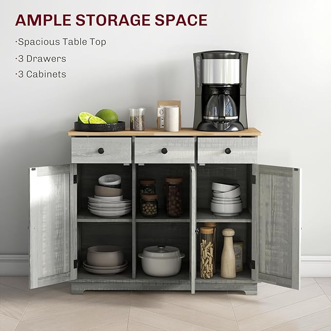 HOMCOM Sideboard with Solid Wood Countertop, Modern Kitchen Storage Cabinet - Image 4