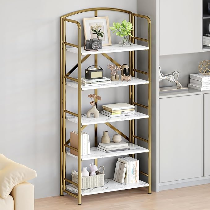No-Assembly Folding Gold Bookshelf Storage Shelves 5 Tiers Vintage - Image 4