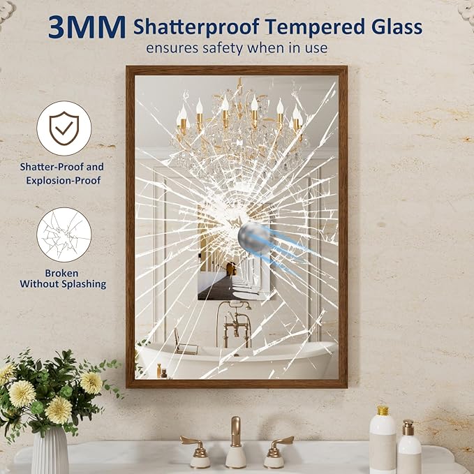 WEER Walnut Bathroom Mirror 24x36 Inch, Walnut Wood Grain Framed Mirror - Image 2