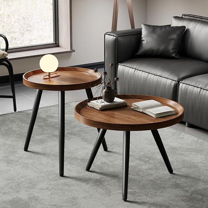 Small Round Coffee Table Set of 2, Walnut Coffee Tables - Image 4