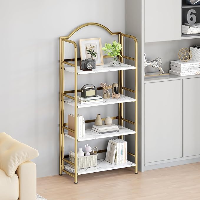 No-Assembly Gold Folding Bookshelf Storage Shelves 4 Tiers Vintage - Image 2