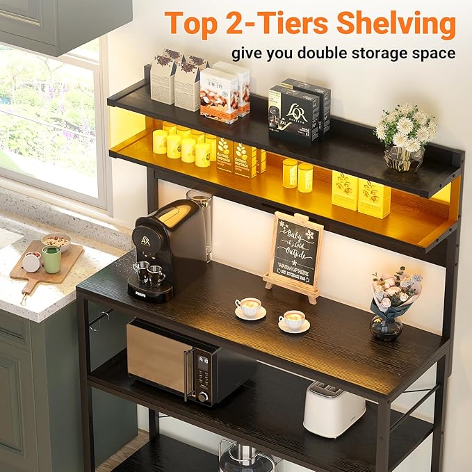 Aheaplus Bakers Rack with Power Outlet, Microwave Stand, 5 Tiers Coffee Bar - Image 6