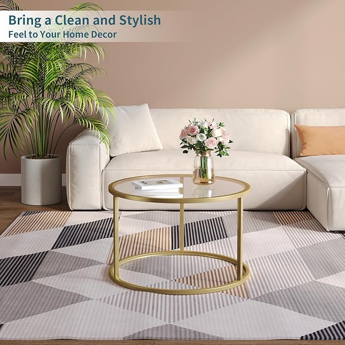 SAYGOER Small Glass Coffee Table Round Gold Coffee Table - Image 7