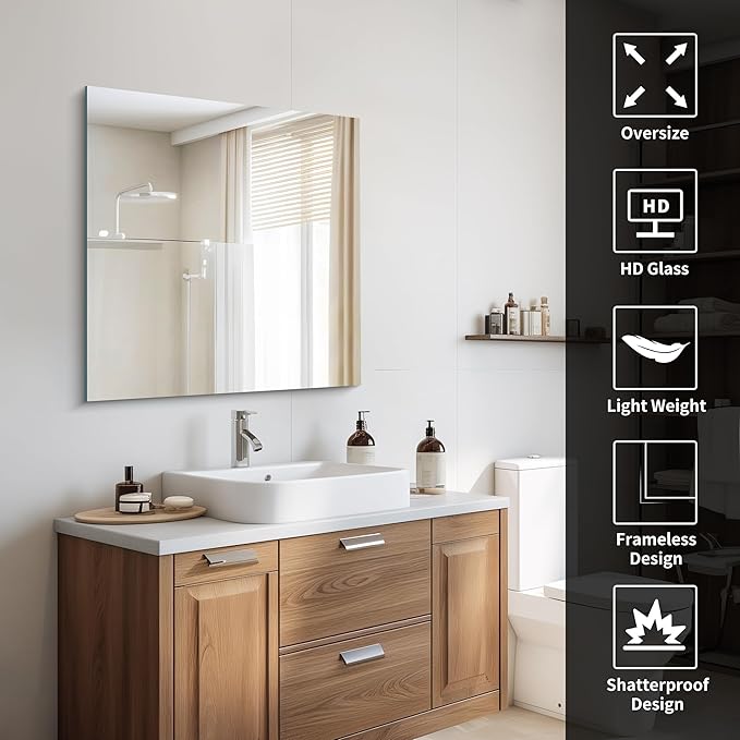 Frameless Mirror, 30x30 inch Square Bathroom Mirrors - Image 3