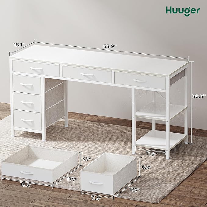 Huuger Computer Desk with 6 Drawers, 54 Inch Office Desk with Shelves, - Image 8