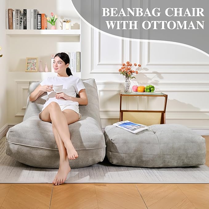 Bean Bag Chair with Ottoman, Comfy Bean Bag Sofa with Memory Foam, Lazy BeanBag - Image 3