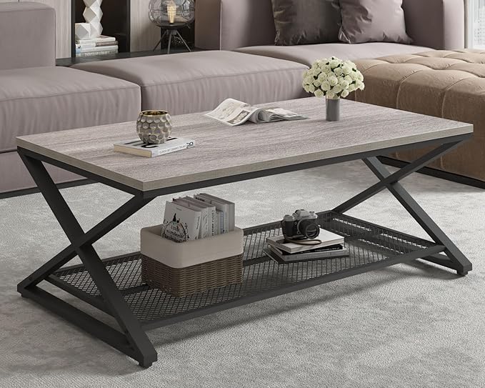 LVB Gray Coffee Table, Farmhouse Wood Metal Center Table - Image 3