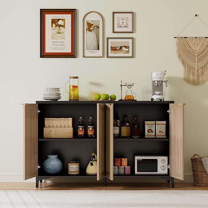 Sideboard Buffet Cabinet with Storage, 4 Doors Rattan Kitchen Cabinet with - Image 3