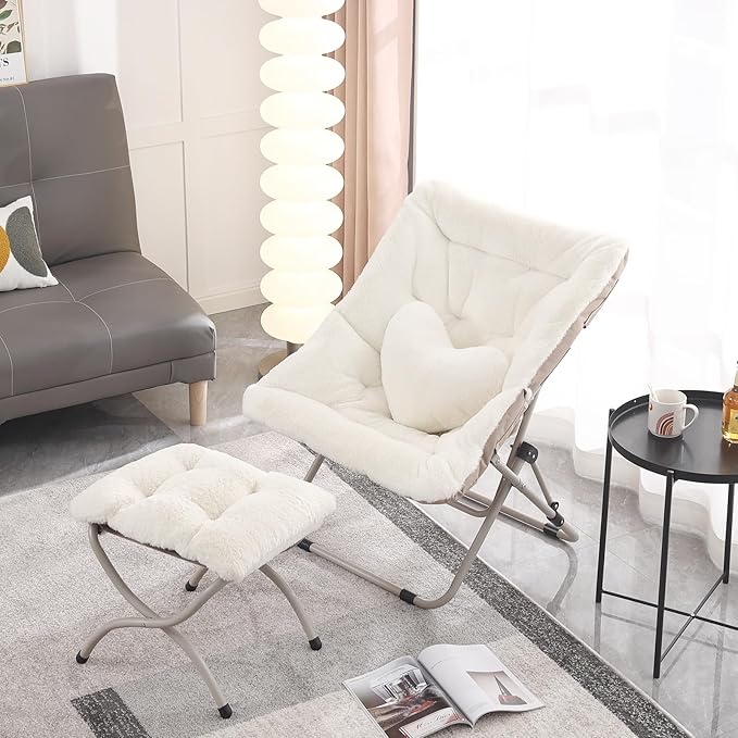 Saucer Chair with Ottoman, Comfy Oversized Folding Chair, Faux-Fur Reading Chair - Image 9