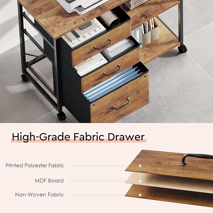3 Drawer File Cabinet with Wheels Rolling Printer Stand with Open Storage Shelf - Image 8