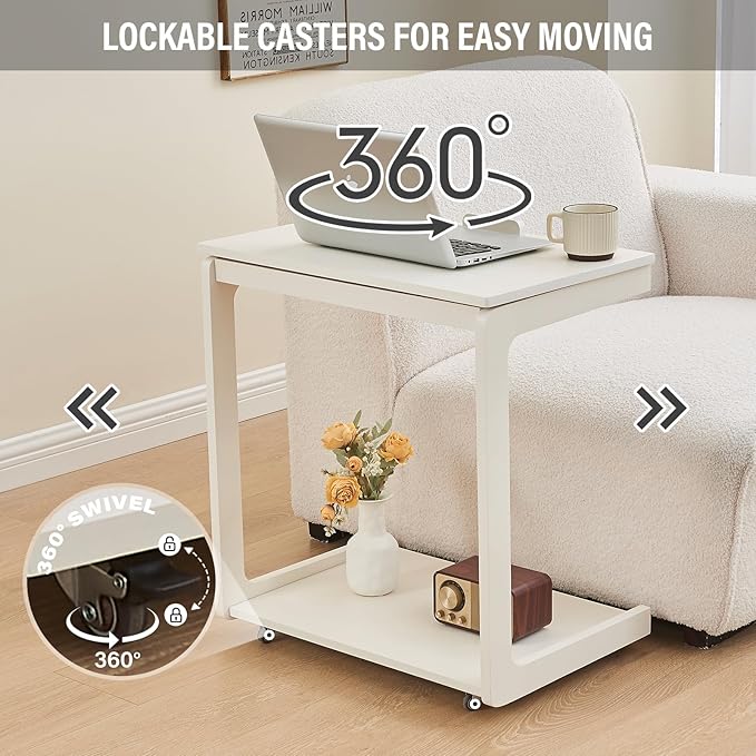CozyDH Adjustable C Shaped End Table, Rolling Side Table Solid Wood TV Sofa - Image 3