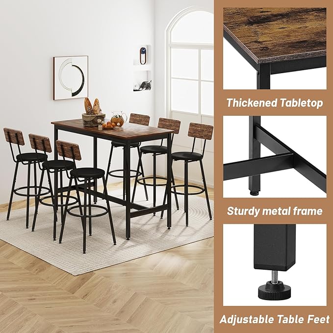 Dining Table Set for 6, 7-Piece Bar Table Set, Kitchen Table and Chairs - Image 3