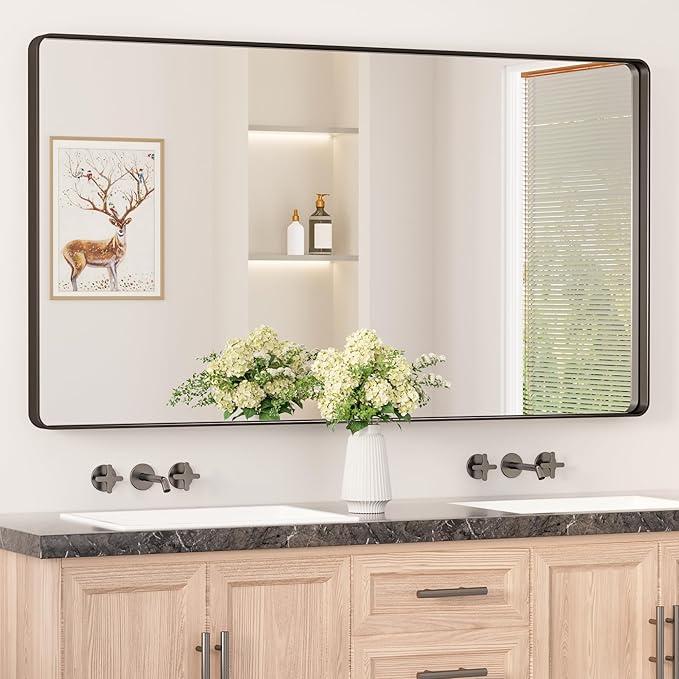 Keonjinn Black Bathroom Mirror for Vanity 55 x 30 Inch Large Metal Framed Wall by Keonjinn