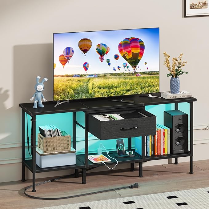 LED TV Stand with Power Outlet and Fabric Drawer - Image 9
