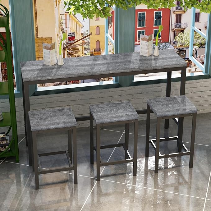 KEIKI 60.24” Long Bar High Top Dining Table and 3 Stools Chairs Set, Wood - Image 4