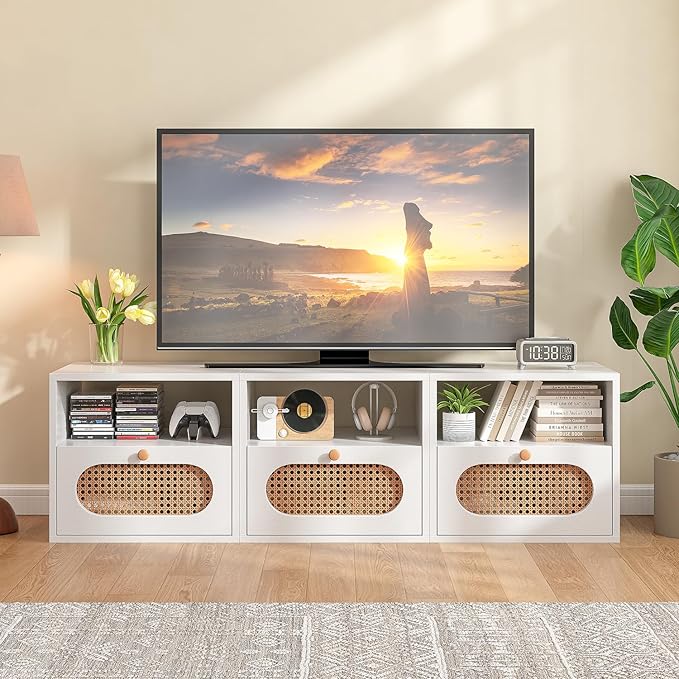 3-in-1 Modular TV Stand with Rattan Doors, DIY Media Console Boho Entertainment by Furninova