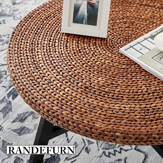 RANDEFURN Round Coffee Table, Seagrass Coffee Solid Pine Wood X Base Frame - Image 8