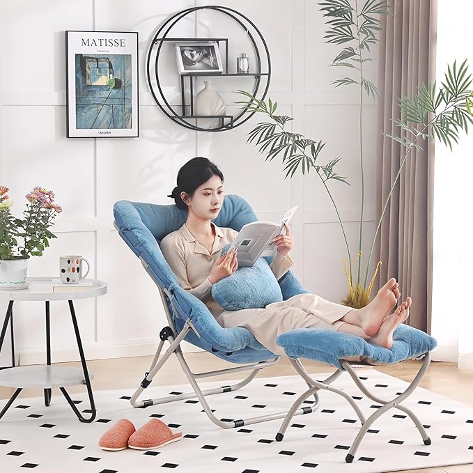 Saucer Chair with Ottoman, Comfy Oversized Folding Chair, Faux-Fur Reading Chair - Image 3