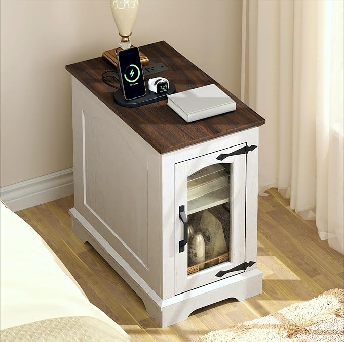End Tables Set of 2 with Charging Station, 13.8"W Narrow Side Table with Storage - Image 2