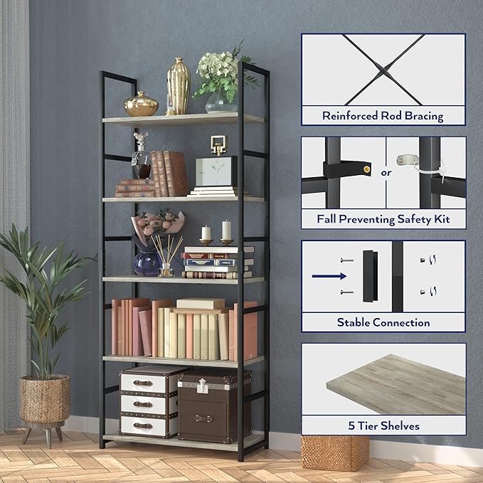 NUMENN 5 Tier Bookshelf, Tall Bookcase Shelf Storage Organizer, Modern Book - Image 5