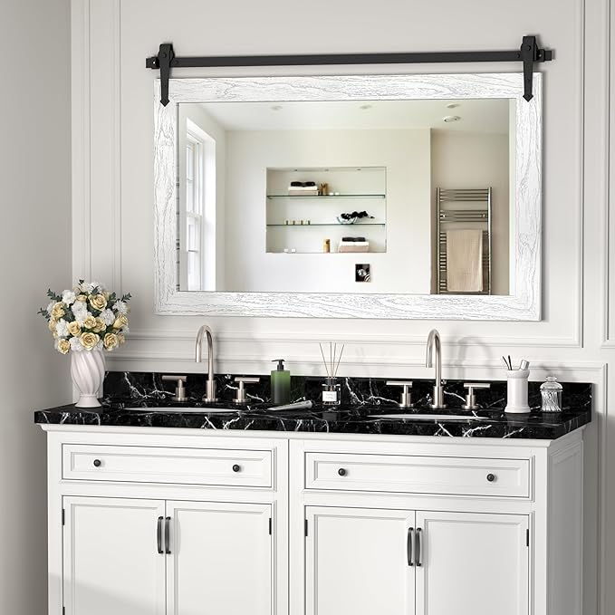 Farmhouse Mirror 42”x28” White Rustic Mirror by Menscha