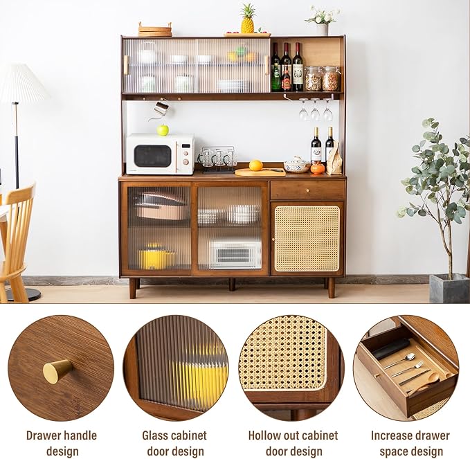 Tiita Kitchen Hutch with Countertop, 69” Rattan Solid Wood Pantry Cabinet with - Image 7