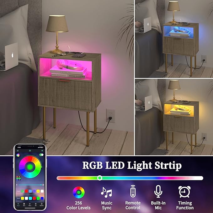 Modern Nightstand with Charging Station and LED Lights, Fluted Side Table - Image 5