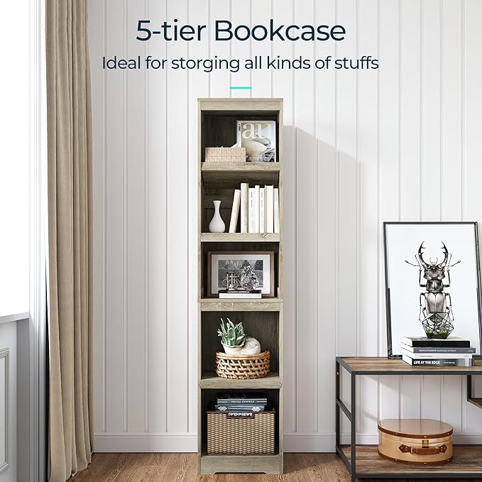 LINSY HOME 5-Shelf Bookcase, Narrow Bookshelves Floor Standing Display Storage - Image 4