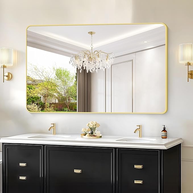 55x36 Inch Gold Bathroom Mirror, Metal Framed Large Rectangle Mirror, Rounded - Image 2