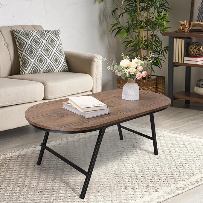 Folding Coffee Table for Small Spaces Wood and Metal Oval Coffee Table Portable - Image 2