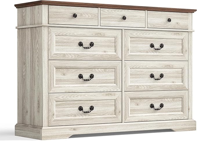 LINSY HOME 9 Drawers Dresser for Bedroom, Modern Farmhouse Large Dresser TV by LINSYHOME