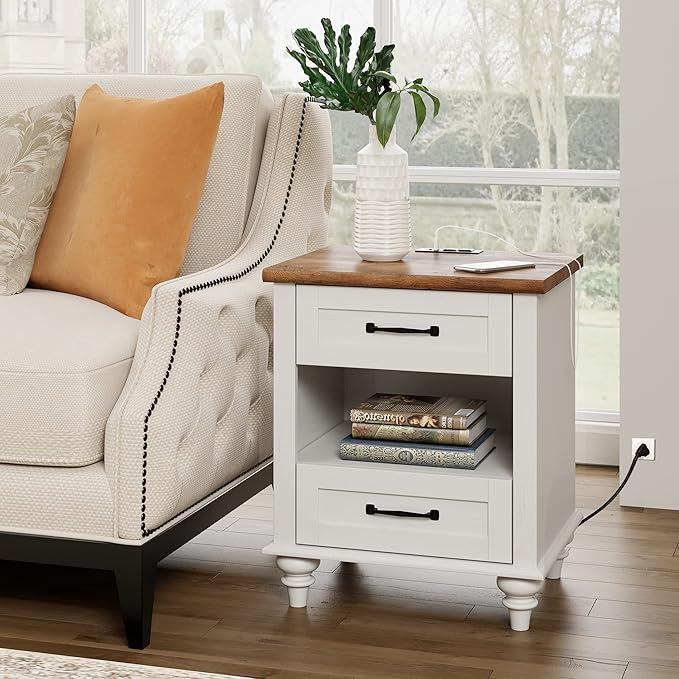 WAMPAT White Side Table with 2 Drawers & Charging Station, Mid Century - Image 3
