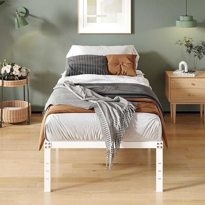 16 Inch White Twin Bed Frames No Box Spring Need, Metal Platform Bed Frame Twin - Image 3