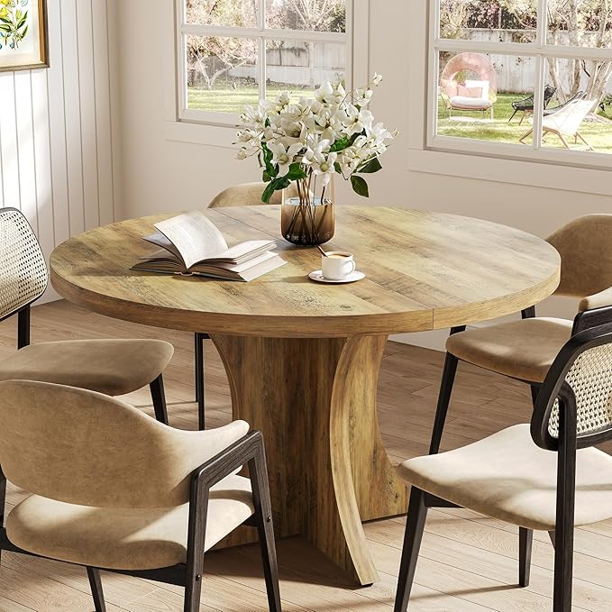 LITTLE TREE Round Dining Table for 4-6, 47.24 Inches Farmhouse Wooden Kitchen - Image 7