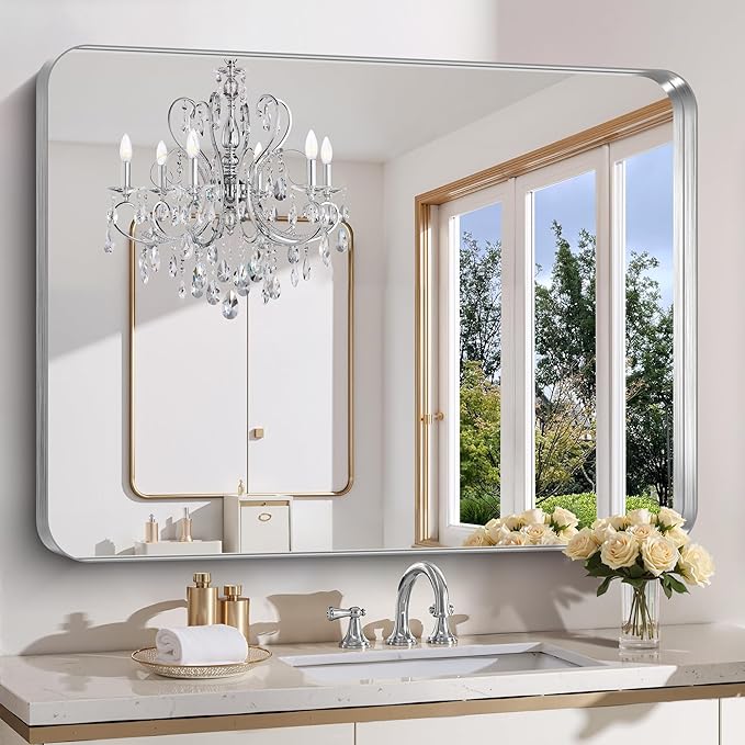 FORBATH 48x36 Inch Bathroom Mirror, Brushed Silver Deep Frame Wall Mirror by FORBATH
