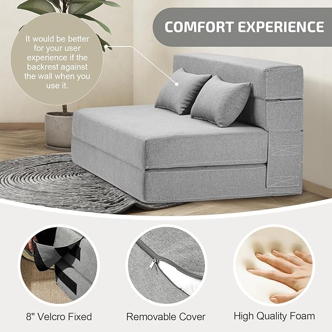 Folding Sofa Bed with Pillows- Convertible Chair Floor Couch & Sleeping Mattress - Image 4
