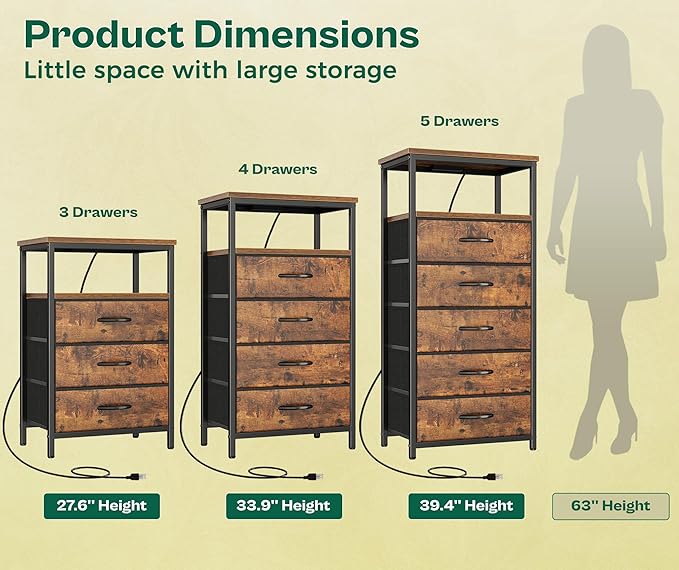 Huuger Night Stand with Charging Station, 4 Drawer Dresser - Image 4