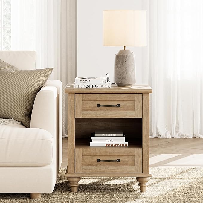 WAMPAT Oak Night Stand with 2 Drawers, Wooden Sofa Side Table with Charging - Image 4