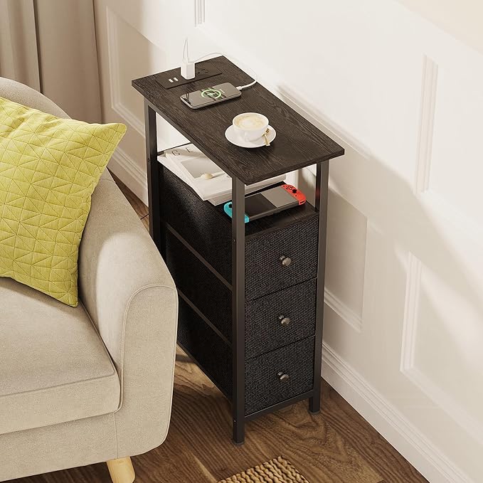 End Table with Charging Station, Narrow Side Table with 3 Fabric Drawers - Image 7