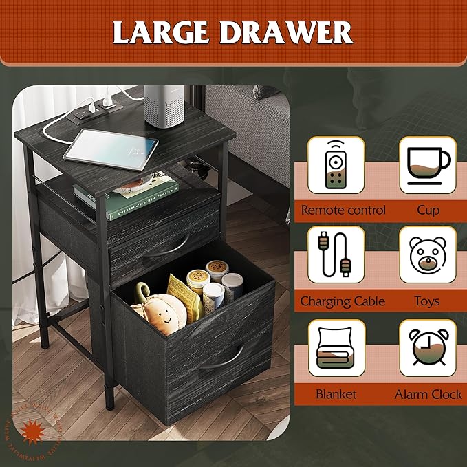 WLIVE Nightstand with Charging Station, Side Table with 2 Fabric Drawers - Image 5