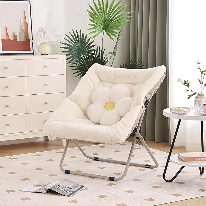 Saucer Chair, Comfy Bedroom Chairs, Oversized Folding Faux Fur Chair, Foldable - Image 7