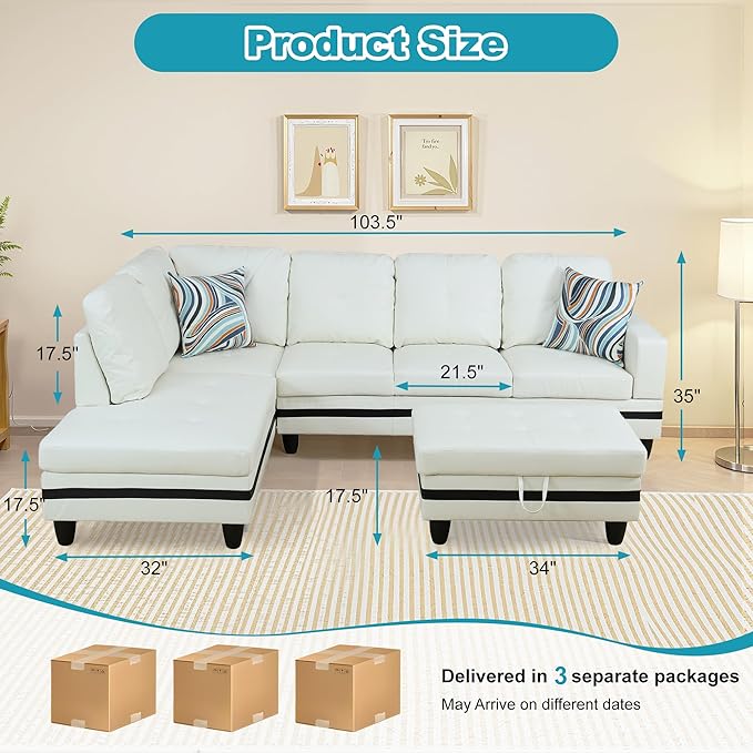 L Shaped Couch PU Leather Sectional Couch Upholstered 3 Pieces Sofas - Image 2