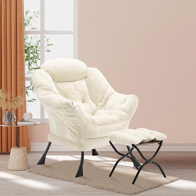 Lazy Chair with Folding Ottoman, Accent Chair Plush Upholstered with Metal - Image 2