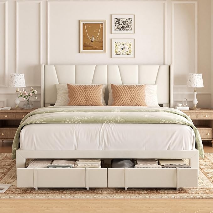 King Bed Frame with Storage Drawers, Upholstered Platform Bed with Headboard - Image 3