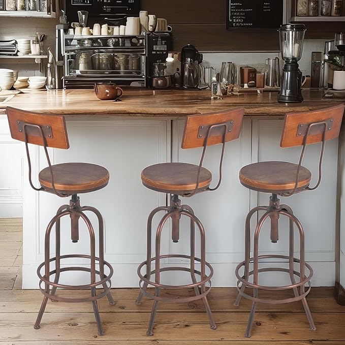 Set of 2-Industrial Bar Stools-Swivel Wooden Seat-Bar Counter Height Adjustable - Image 2