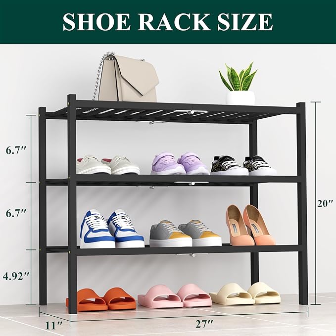 Smiry Shoe Rack, 3 Tier Thick Bamboo Shoe Organizer, Stackable Free Standing - Image 2