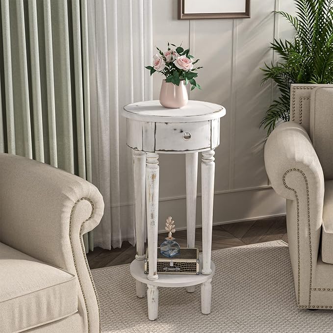 COSIEST Tall End Table with Drawer Sets of 2, Round Nightstand Bedside Table - Image 7