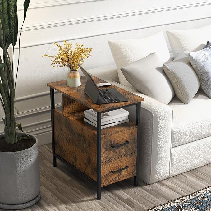 Side Tables with Charging Station, Narrow End Table with 2 Wooden Drawers - Image 2