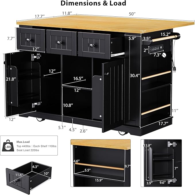 53" Large Kitchen Island with Drop Leaf, Power Outlet & Door Internal Storage - Image 2